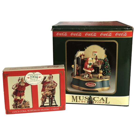 Vtg Coca-Cola Christmas Collectibles Santa Musical and 2 Decks Playing Cards NOB - Picture 1 of 12